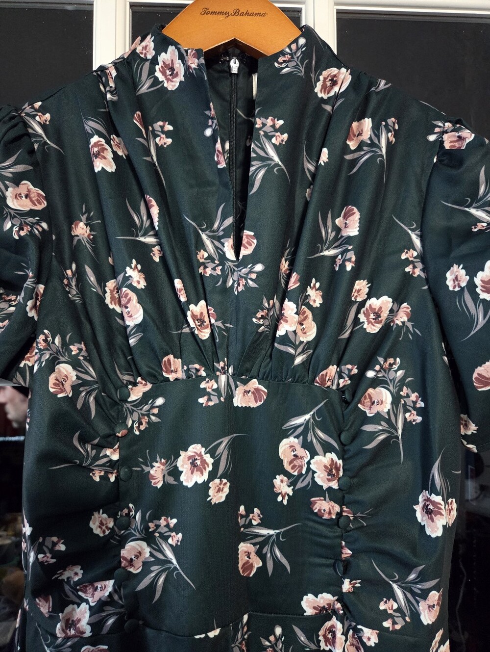 Unique Vintage Dark Green Floral Midi Dress - Picture 4 of 6